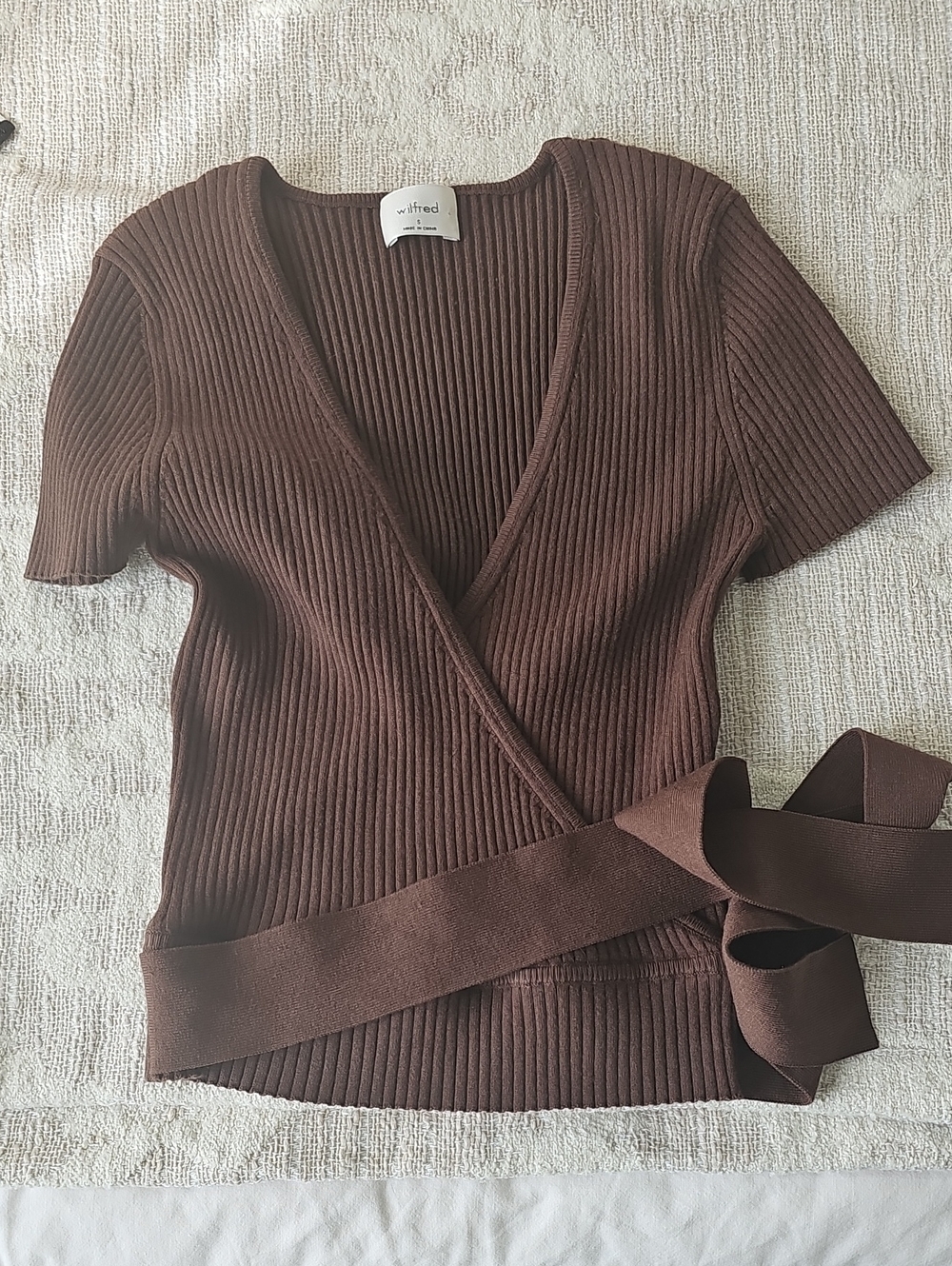 Wilfred Chocolate Brown Ribbed Wrap Short-Sleeve Top